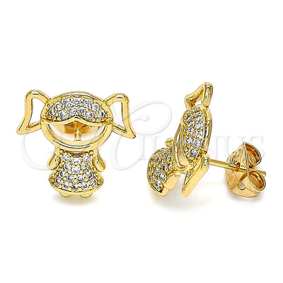 Oro Laminado Stud Earring, Gold Filled Style Little Girl Design, with White Micro Pave, Polished, Golden for wholesale, main product view