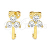 Oro Laminado Stud Earring, Gold Filled Style key Design, with White Cubic Zirconia, Polished, Golden Finish, 02.213.0174