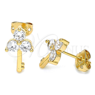 Oro Laminado Stud Earring, Gold Filled Style key Design, with White Cubic Zirconia, Polished, Golden Finish for wholesale, main product view