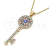 Oro Laminado Pendant Necklace, Gold Filled Style key and Flower Design, with White Micro Pave, Multicolor Enamel Finish, Golden Finish, 04.213.0191.20 (02 MM Thickness, 20 Inches Length)