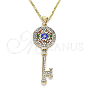 Gold Filled Necklace — Pendant Necklace key and Flower Design with White — main product view — SKU 133098 | Oro Laminado collar — Pendant Necklace key and flor diseño with blanco — SKU 133098
