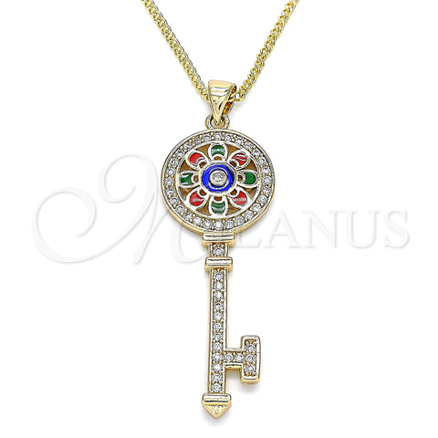 Oro Laminado Pendant Necklace, Gold Filled Style key and Flower Design, with White Micro Pave, Multicolor Enamel Finish, Golden Finish, 04.213.0191.20 (02 MM Thickness, 20 Inches Length)