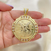 Oro Laminado Religious Pendant, Gold Filled Style Centenario Coin and Angel Design, with White Cubic Zirconia, Polished, Golden Finish, 05.253.0071