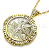 Oro Laminado Religious Pendant, Gold Filled Style Centenario Coin and Angel Design, with White Cubic Zirconia, Polished, Golden Finish, 05.253.0071