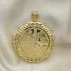 Oro Laminado Religious Pendant, Gold Filled Style Centenario Coin and Angel Design, with White Cubic Zirconia, Polished, Golden Finish, 05.253.0071