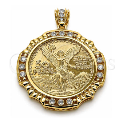 Oro Laminado Religious Pendant, Gold Filled Style Centenario Coin and Angel Design, with White Cubic Zirconia, Polished, Golden Finish, 05.253.0071