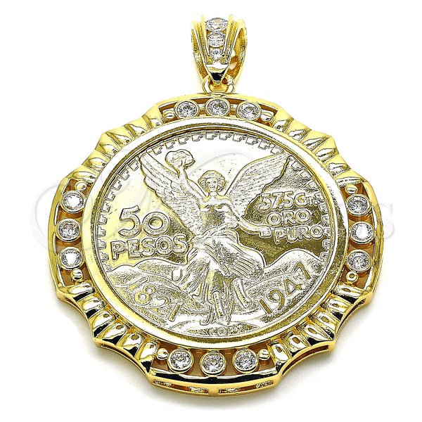 Oro Laminado Religious Pendant, Gold Filled Style Centenario Coin and Angel Design, with White Cubic Zirconia, Polished, Golden Finish, 05.253.0071