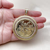 Oro Laminado Religious Pendant, Gold Filled Style Centenario Coin and Angel Design, with White Cubic Zirconia, Polished, Golden Finish, 05.253.0072