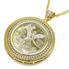 Oro Laminado Religious Pendant, Gold Filled Style Centenario Coin and Angel Design, with White Cubic Zirconia, Polished, Golden Finish, 05.253.0072