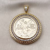 Oro Laminado Religious Pendant, Gold Filled Style Centenario Coin and Angel Design, with White Cubic Zirconia, Polished, Golden Finish, 05.253.0072