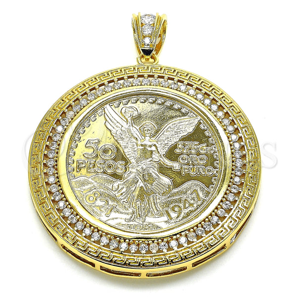 Oro Laminado Religious Pendant, Gold Filled Style Centenario Coin and Angel Design, with White Cubic Zirconia, Polished, Golden Finish, 05.253.0072