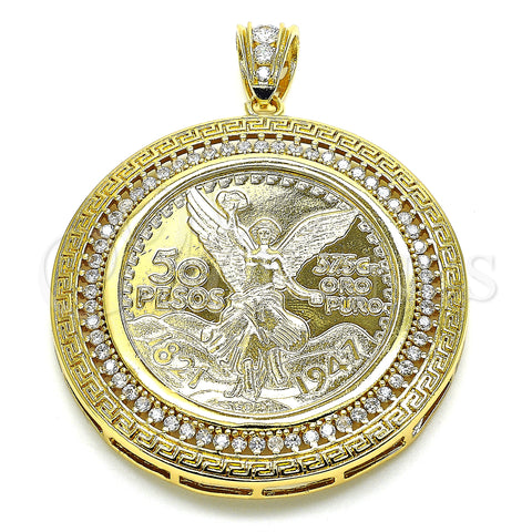 Oro Laminado Religious Pendant, Gold Filled Style Centenario Coin and Angel Design, with White Cubic Zirconia, Polished, Golden Finish, 05.253.0072