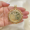Oro Laminado Religious Pendant, Gold Filled Style Centenario Coin and Angel Design, with White Cubic Zirconia, Polished, Golden Finish, 05.253.0073
