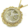 Oro Laminado Religious Pendant, Gold Filled Style Centenario Coin and Angel Design, with White Cubic Zirconia, Polished, Golden Finish, 05.253.0073