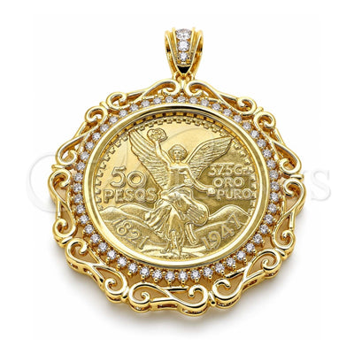 Oro Laminado Religious Pendant, Gold Filled Style Centenario Coin and Angel Design, with White Cubic Zirconia, Polished, Golden Finish, 05.253.0073