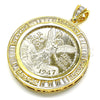 Oro Laminado Religious Pendant, Gold Filled Style Centenario Coin and Angel Design, with White Cubic Zirconia, Polished, Golden Finish, 05.253.0074