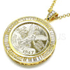 Oro Laminado Religious Pendant, Gold Filled Style Centenario Coin and Angel Design, with White Cubic Zirconia, Polished, Golden Finish, 05.253.0074