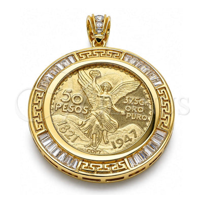 Oro Laminado Religious Pendant, Gold Filled Style Centenario Coin and Angel Design, with White Cubic Zirconia, Polished, Golden Finish, 05.253.0074