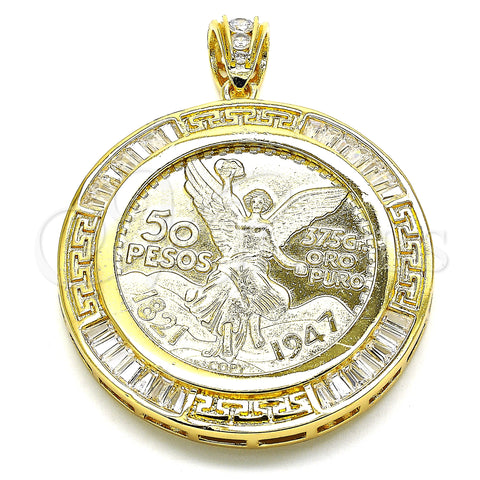 Oro Laminado Religious Pendant, Gold Filled Style Centenario Coin and Angel Design, with White Cubic Zirconia, Polished, Golden Finish, 05.253.0074