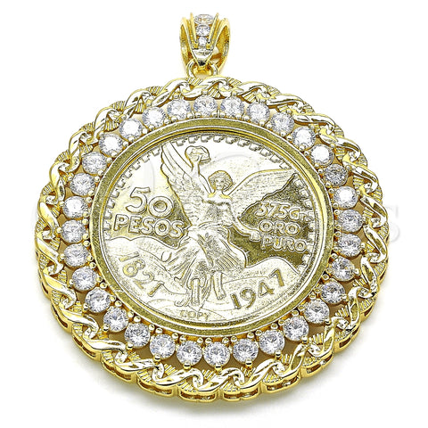 Oro Laminado Religious Pendant, Gold Filled Style Centenario Coin and Angel Design, with White Cubic Zirconia, Polished, Golden Finish, 05.253.0075