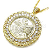 Oro Laminado Religious Pendant, Gold Filled Style Centenario Coin and Angel Design, with White Cubic Zirconia, Polished, Golden Finish, 05.253.0075