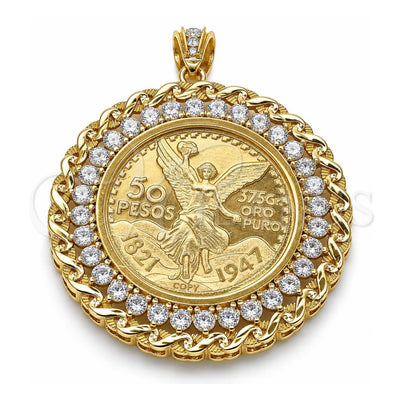 Oro Laminado Religious Pendant, Gold Filled Style Centenario Coin and Angel Design, with White Cubic Zirconia, Polished, Golden Finish, 05.253.0075