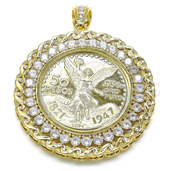 Oro Laminado Religious Pendant, Gold Filled Style Centenario Coin and Angel Design, with White Cubic Zirconia, Polished, Golden Finish, 05.253.0075
