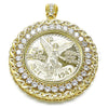 Oro Laminado Religious Pendant, Gold Filled Style Centenario Coin and Angel Design, with White Cubic Zirconia, Polished, Golden Finish, 05.253.0075