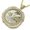 Oro Laminado Religious Pendant, Gold Filled Style Centenario Coin and Angel Design, with White Cubic Zirconia, Polished, Golden Finish, 05.253.0076