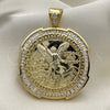 Oro Laminado Religious Pendant, Gold Filled Style Centenario Coin and Angel Design, with White Cubic Zirconia, Polished, Golden Finish, 05.253.0076