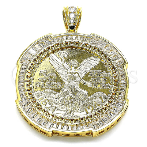 Oro Laminado Religious Pendant, Gold Filled Style Centenario Coin and Angel Design, with White Cubic Zirconia, Polished, Golden Finish, 05.253.0076