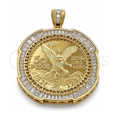 Oro Laminado Religious Pendant, Gold Filled Style Centenario Coin and Angel Design, with White Cubic Zirconia, Polished, Golden Finish, 05.253.0076