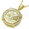Oro Laminado Religious Pendant, Gold Filled Style Centenario Coin and Angel Design, with White Cubic Zirconia, Polished, Golden Finish, 05.253.0077