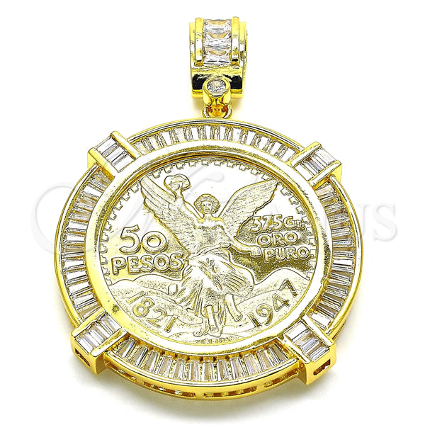 Oro Laminado Religious Pendant, Gold Filled Style Centenario Coin and Angel Design, with White Cubic Zirconia, Polished, Golden Finish, 05.253.0077