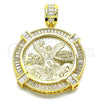 Oro Laminado Religious Pendant, Gold Filled Style Centenario Coin and Angel Design, with White Cubic Zirconia, Polished, Golden Finish, 05.253.0077