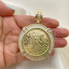 Oro Laminado Religious Pendant, Gold Filled Style Centenario Coin and Angel Design, with White Cubic Zirconia, Polished, Golden Finish, 05.253.0077