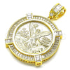 Oro Laminado Religious Pendant, Gold Filled Style Centenario Coin and Angel Design, with White Cubic Zirconia, Polished, Golden Finish, 05.253.0077