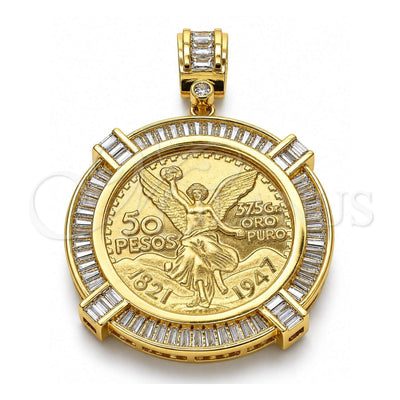 Oro Laminado Religious Pendant, Gold Filled Style Centenario Coin and Angel Design, with White Cubic Zirconia, Polished, Golden Finish, 05.253.0077