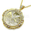 Oro Laminado Religious Pendant, Gold Filled Style Centenario Coin and Angel Design, with White Cubic Zirconia, Polished, Golden Finish, 05.253.0078