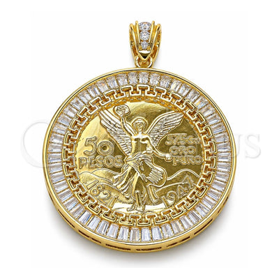 Oro Laminado Religious Pendant, Gold Filled Style Centenario Coin and Angel Design, with White Cubic Zirconia, Polished, Golden Finish, 05.253.0078