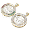 Oro Laminado Religious Pendant, Gold Filled Style Centenario Coin and Angel Design, with White Cubic Zirconia, Polished, Golden Finish, 05.253.0078