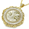 Oro Laminado Religious Pendant, Gold Filled Style Centenario Coin and Angel Design, with White Cubic Zirconia, Polished, Golden Finish, 05.253.0079