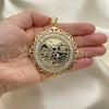 Oro Laminado Religious Pendant, Gold Filled Style Centenario Coin and Angel Design, with White Cubic Zirconia, Polished, Golden Finish, 05.253.0079