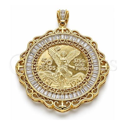 Oro Laminado Religious Pendant, Gold Filled Style Centenario Coin and Angel Design, with White Cubic Zirconia, Polished, Golden Finish, 05.253.0079