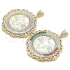 Oro Laminado Religious Pendant, Gold Filled Style Centenario Coin and Angel Design, with White Cubic Zirconia, Polished, Golden Finish, 05.253.0079
