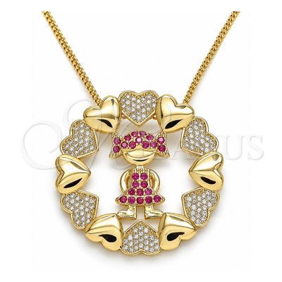 Oro Laminado Pendant Necklace, Gold Filled Style Little Girl and Heart Design, with Ruby and White Micro Pave, Polished, Golden Finish, 04.195.0059.20 (02 MM Thickness, 20 Inches Length)