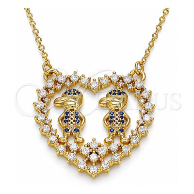 Oro Laminado Pendant Necklace, Gold Filled Style Heart and Little Boy Design, with Sapphire Blue and White Micro Pave, Polished, Golden Finish, 04.195.0060.18 (02 MM Thickness, 18 Inches Length)