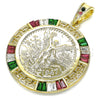 Oro Laminado Religious Pendant, Gold Filled Style Centenario Coin and Angel Design, with Multicolor Cubic Zirconia, Polished, Golden Finish, 05.351.0093