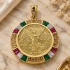 Oro Laminado Religious Pendant, Gold Filled Style Centenario Coin and Angel Design, with Multicolor Cubic Zirconia, Polished, Golden Finish, 05.351.0093