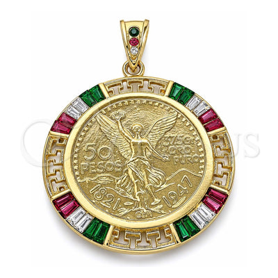 Oro Laminado Religious Pendant, Gold Filled Style Centenario Coin and Angel Design, with Multicolor Cubic Zirconia, Polished, Golden Finish, 05.351.0093